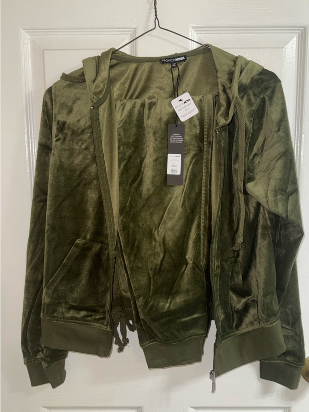 Fashion Nova Olive Velvet Zip Hoodie and Jogger set - Medium